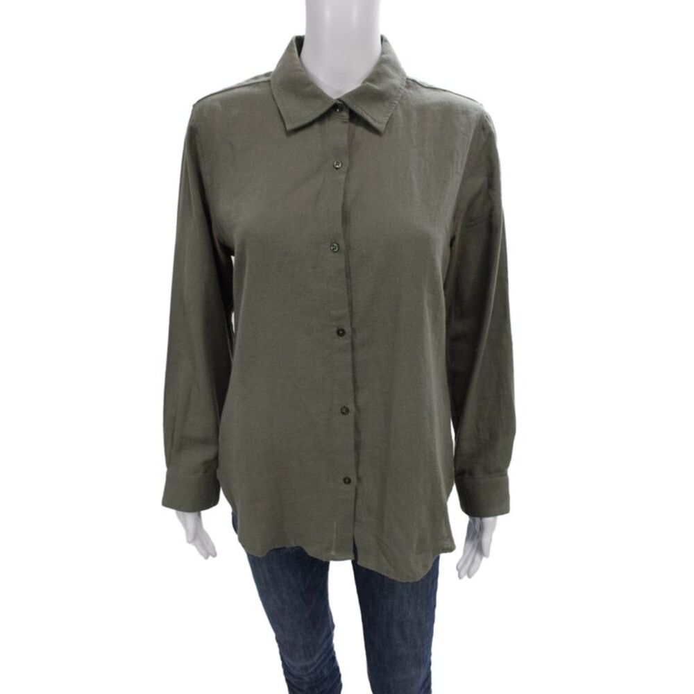 Leallo Women Green Solid Collared Button-Up Top Long Sleeve 100% Cotton Size S